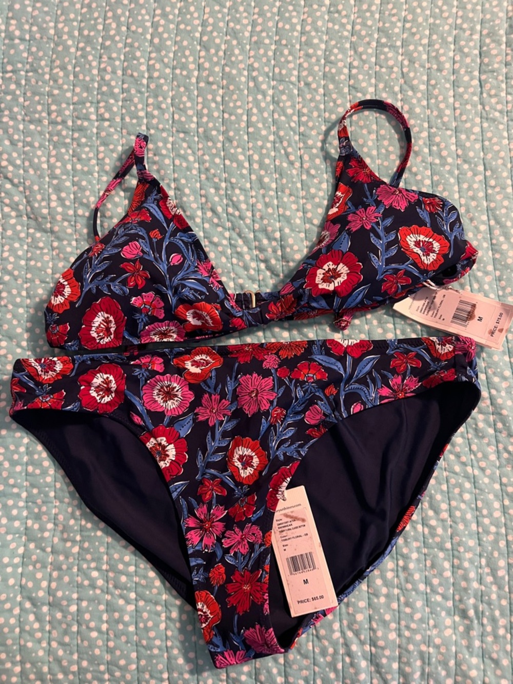 Vineyard Vines Navy Floral Bikini with Red and Pink Flowers